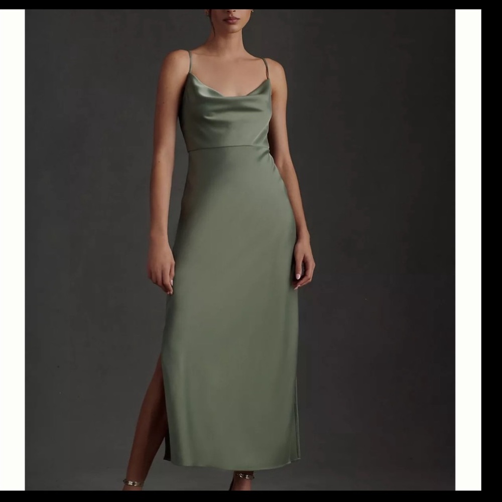 BHLDN Cali Satin Cowl-Neck Midi Slip Dress, Size 6, color Moss